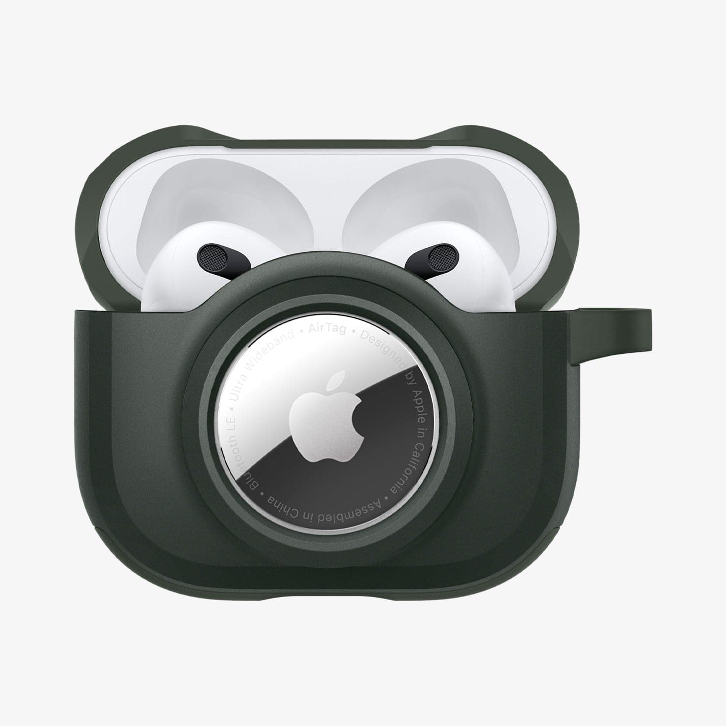 ACS04393 - Apple AirPods 3 Case Tag Armor Duo in military green showing the front, AirTag in slot and top open with AirPods inside