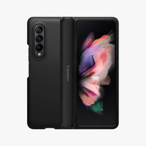 ACS03078 - Galaxy Z Fold 3 Case Slim Armor Pro in black showing the back and front with phone opened up