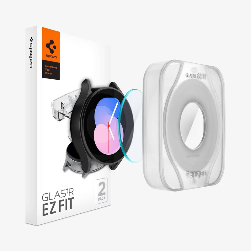 AGL03428 - Galaxy Watch 5/4 (40mm) Screen Protector EZ FIT GLAS.tR showing the packaging, watch face, screen protector and EZ fit alignment tray