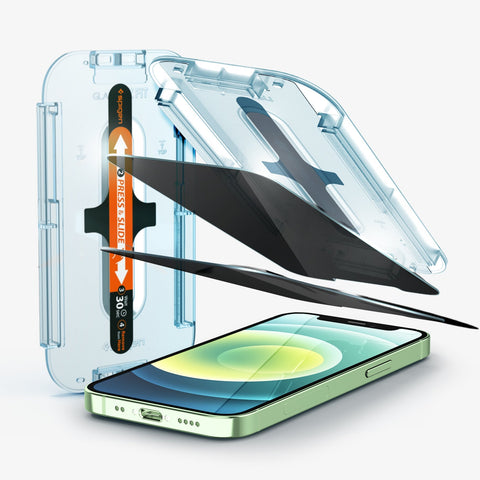 AGL02522 - iPhone 12 Mini Screen Protector EZ FIT GLAS.tR Privacy V2 showing the alignment trays, two privacy screen protectors, and device