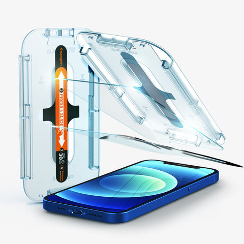 AGL01801 - iPhone 12 / iPhone 12 Pro Screen Protector EZ FIT GLAS.tR SLIM showing the alignment tray, two screen protectors, and device