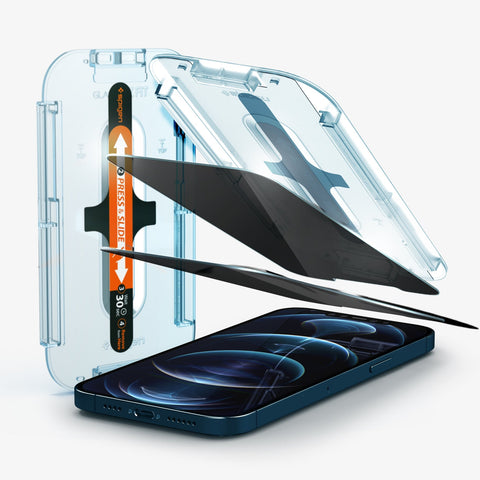 AGL02521 - iPhone 12 / iPhone 12 Pro Screen Protector EZ FIT GLAS.tR Privacy V2 showing the alignment tray, two privacy screen protectors, and device