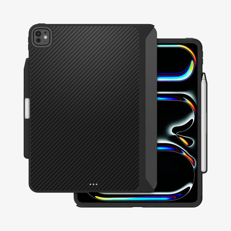 ACS07019 - iPad Pro 11-inch (2024) Case Enzo Aramid in Black showing the back and partial front with stylus pen attached