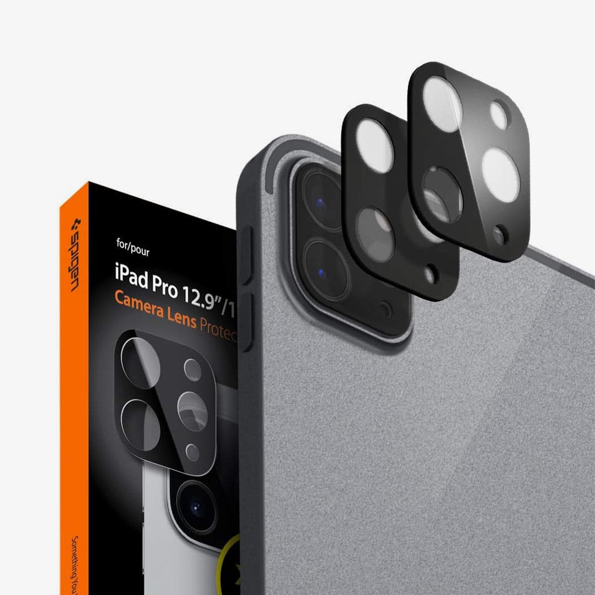 AGL01110 - iPad Pro 12.9" Full Cover Camera Lens Protector showing the device, two lens protectors and packaging