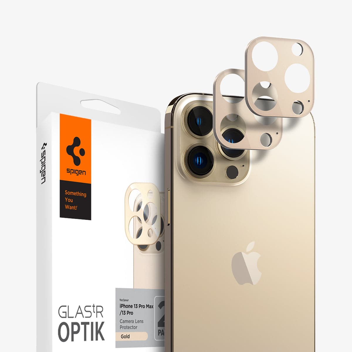 AGL04034 - iPhone 13 Pro Max / iPhone 13 Pro Optik Lens Protector in gold showing the packaging, device and two lens protectors