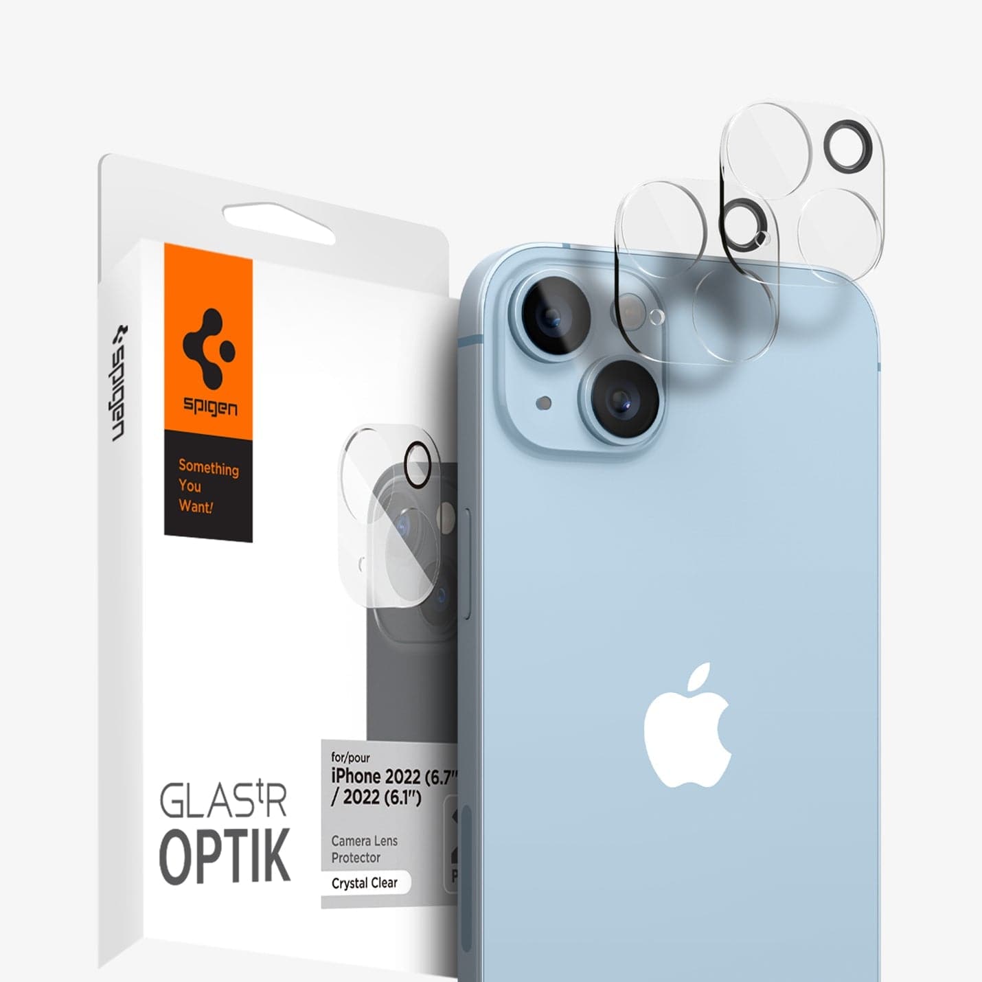 AGL05762 - iPhone 14 / 14 Plus Optik Lens Protector in crystal clear showing the device, two optik lens protector and packaging