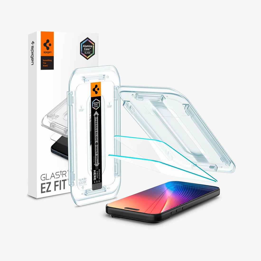AGL07928 - iPhone 17 Pro / iPhone 17 GLAS.tR EZ Fit | Sensor Protected showing the installation tray hovering above the 2 screen protector and the device, beside it is another installation tray with case