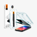 AGL07929 - iPhone 17 Pro GLAS.tR EZ Fit Privacy showing the installation tray hovering above the 2 screen protector and the device, beside it is another installation tray with case