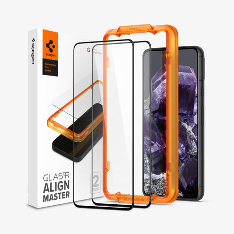 AGL06350 - Pixel 8 Alignmaster Screen Protector showing the device, two screen protectors, alignment tray and packaging