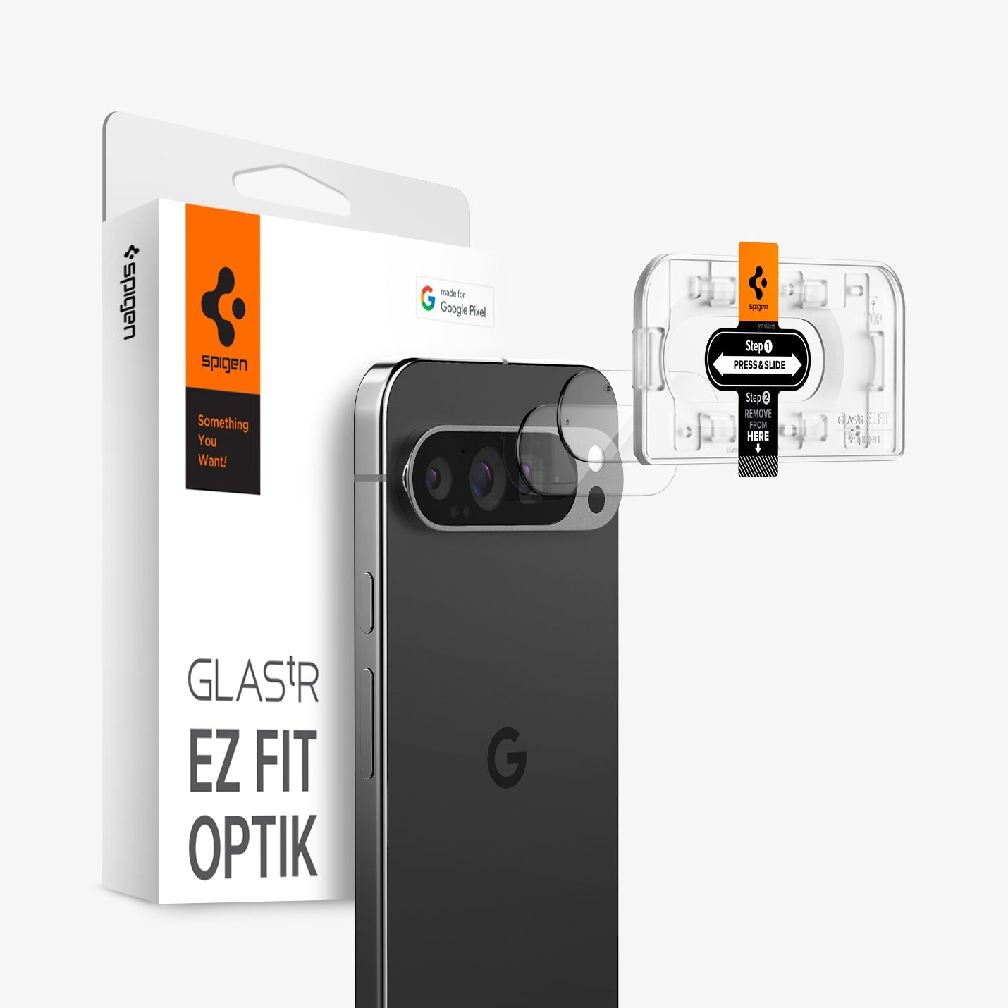 AGL08444 - Pixel 9 Case Optik EZ Fit Lens Protector in Crystal Clear showing the installation tray hovering in front of the lens protector and the device, behind it, is the packaging