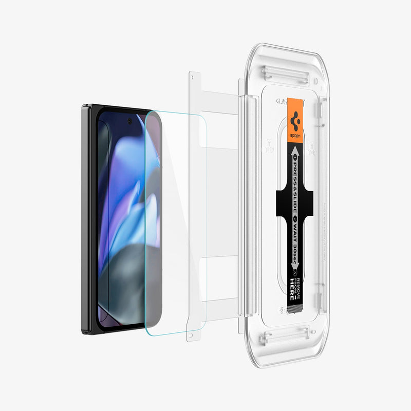 AGL07873 - Pixel 9 Pro Fold GLAS.tR EZ Fit in Clear showing the front of the installation tray aligned with the film screen protector, screen protector and the device