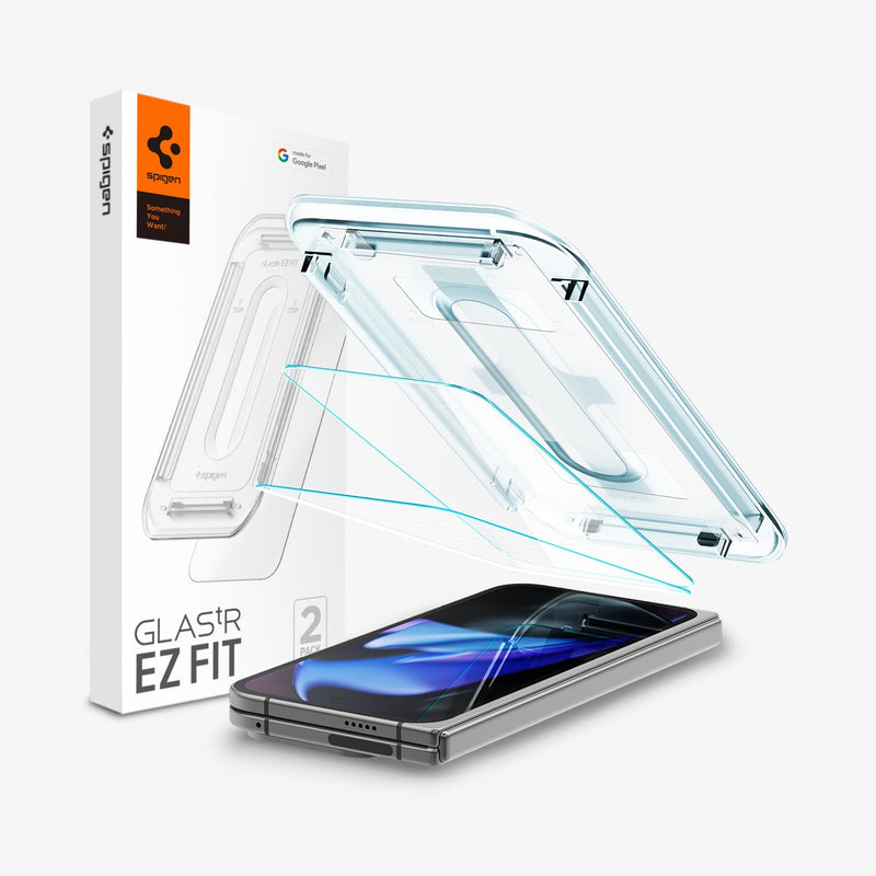 AGL07873 - Pixel 9 Pro Fold GLAS.tR EZ Fit in Clear showing the installation tray hovering above the 2 screen protectors and the device beside it is the packaging