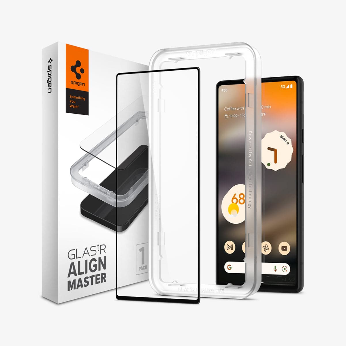 AGL04694 - Pixel 6a Screen Protector AlignMaster GLAS.tR Full Cover showing the device, alignmaster tray, screen protector and packaging
