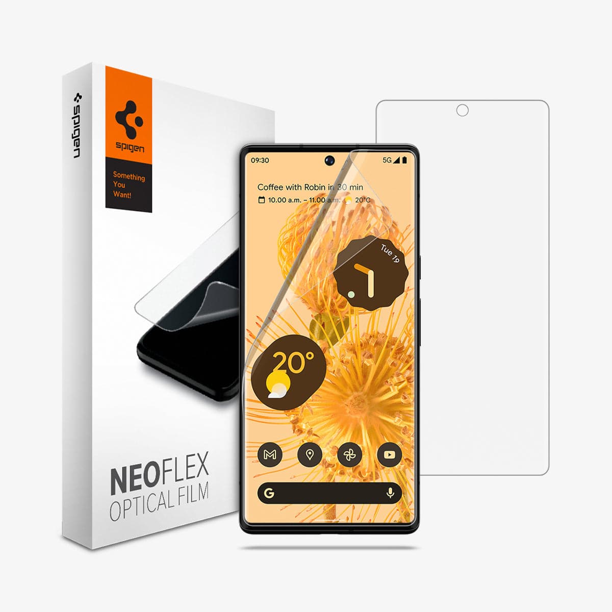 AFL04206 - Pixel 6 Pro Screen Protector Neo Flex showing the packaging, Pixel 6 Pro device screen with two screen protectors
