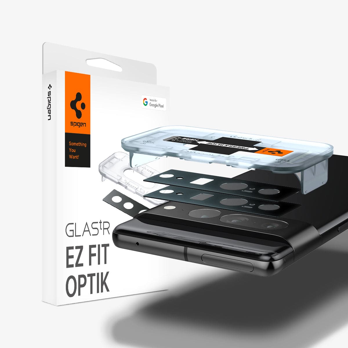 AGL05470 - Pixel 7 Pro Optik Lens Protector in black showing the device, two optik lens protectors, ez fit tray and packaging