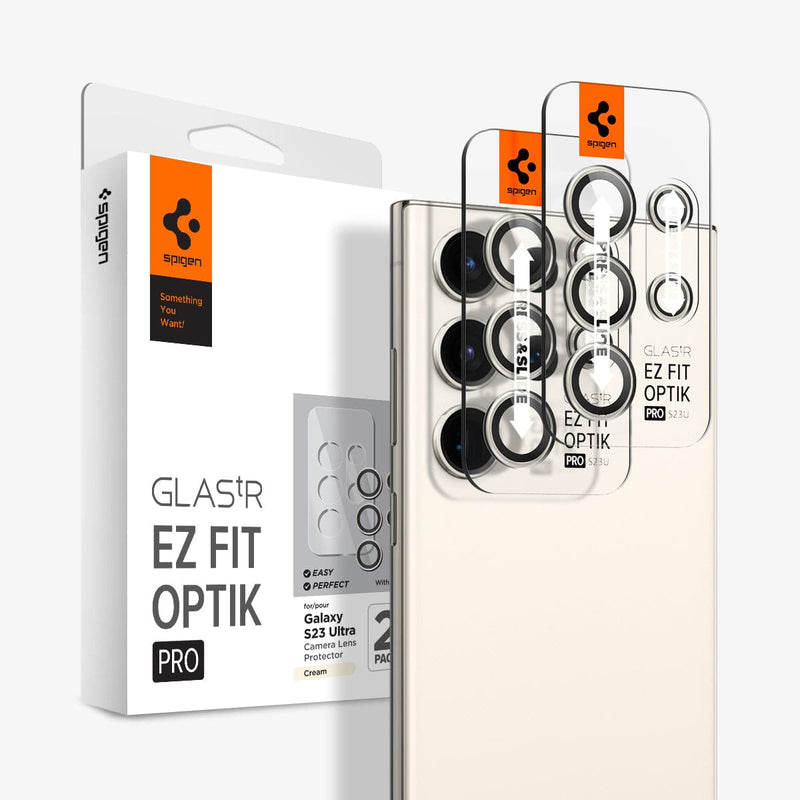 AGL06165 - Galaxy S23 Ultra EZ Fit Optik Pro Lens Protector in cream showing the device, two ez fit trays and packaging.