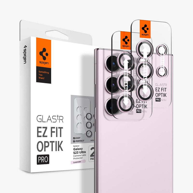 AGL06167 - Galaxy S23 Ultra EZ Fit Optik Pro Lens Protector in lavender showing the device, two ez fit trays and packaging.