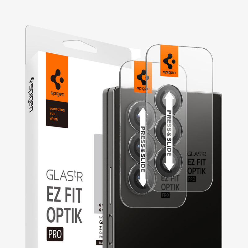 AGL07970 - Galaxy Z Fold 6 Optik Pro EZ Fit Lens Protector in Black showing the 2 screen protectors in a tray hovering in front of a device and the packaging