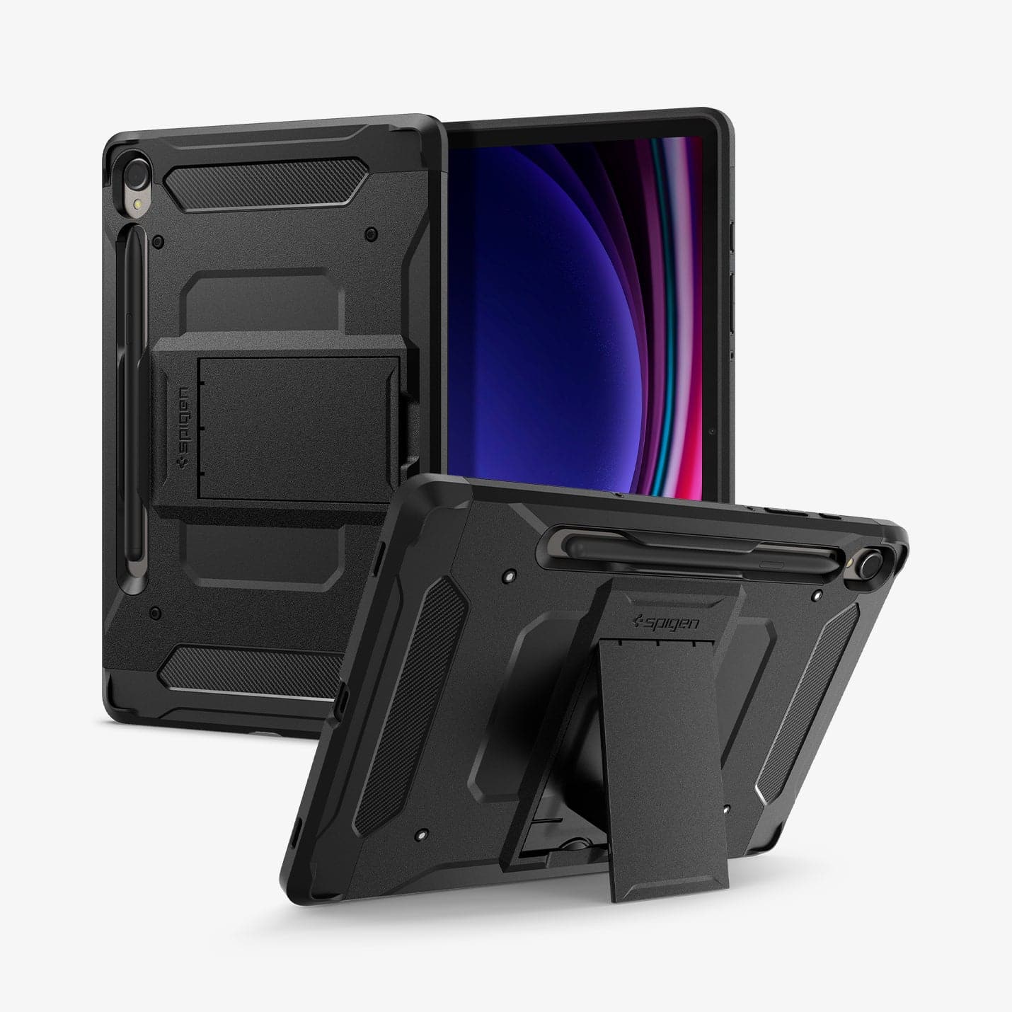 ACS06837 - Galaxy Tab S9 Case Tough Armor Pro in black showing the back, front and device propped up by built in kickstand