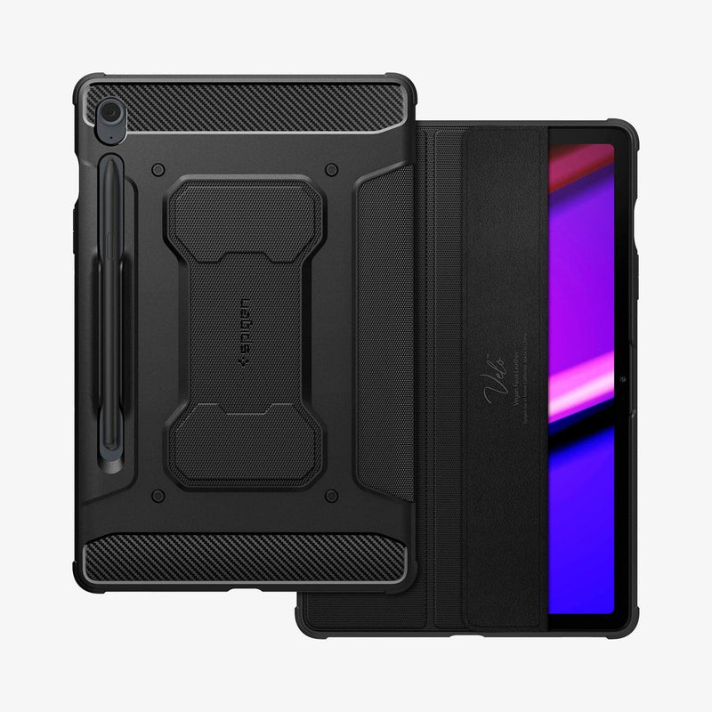 ACS06857 - Galaxy Tab S9 FE Case Rugged Armor Pro in black showing the back and front with cover flap slightly open