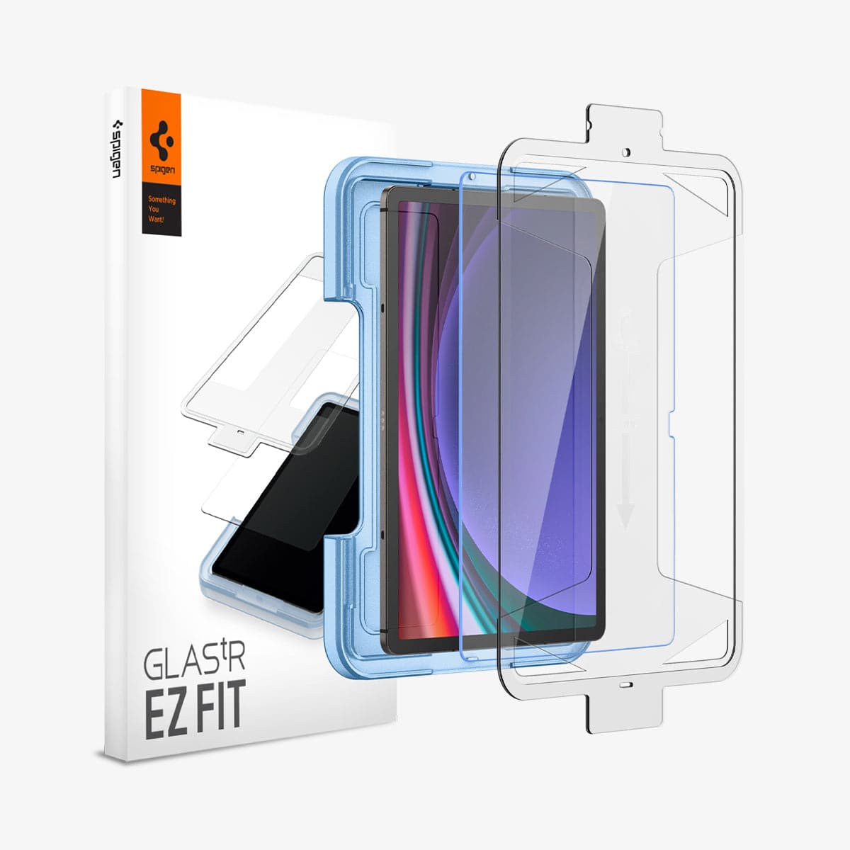 AGL06999 - Galaxy Tab S9+ Screen Protector EZ Fit GLAS.tR showing the device, screen protector, ez fit tray and packaging