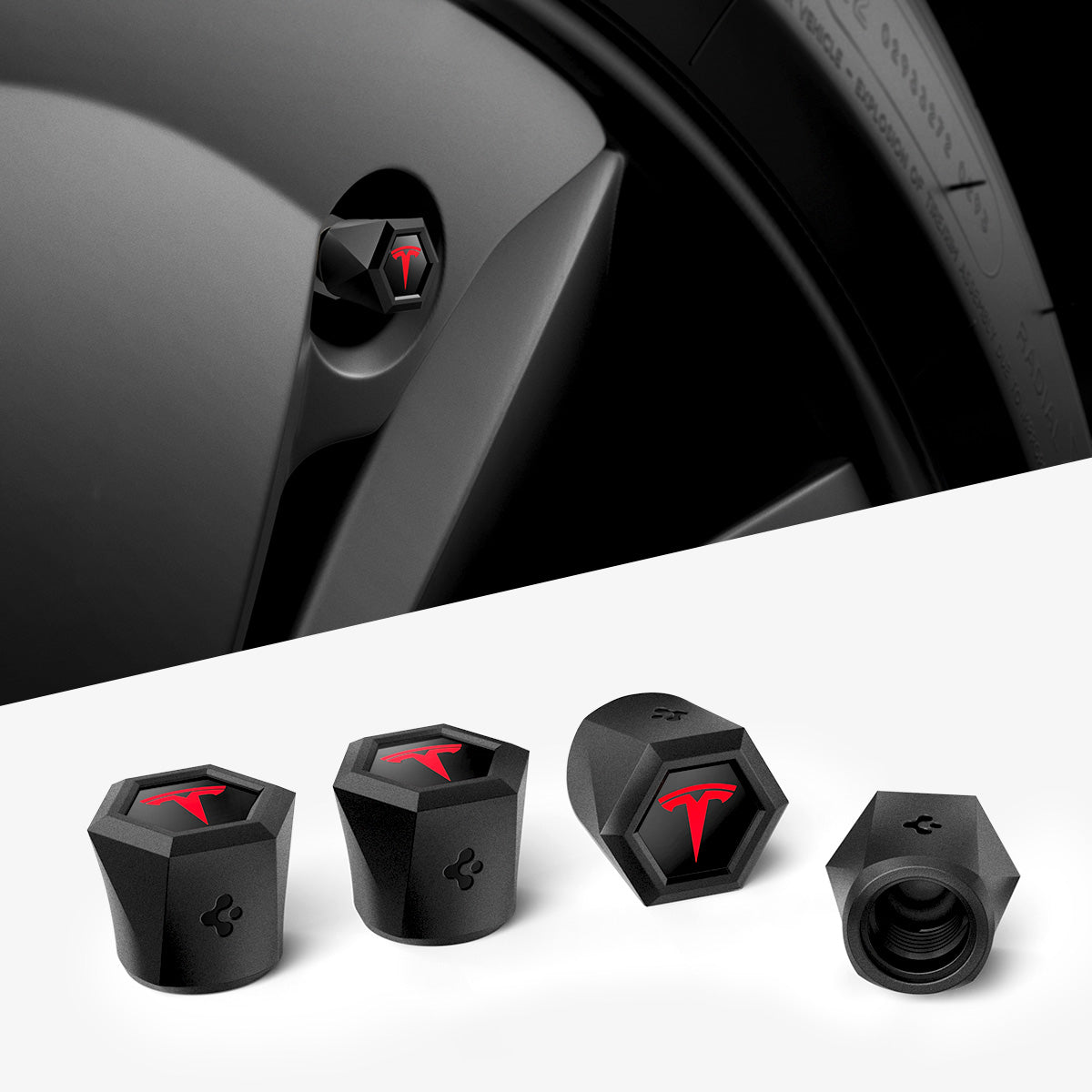 ACP11371 - Universal Tire Valve Stem Cap | VS100TS/R in Red showing black hexagonal valve caps with red Tesla logo installed on a wheel and displayed from multiple angles.