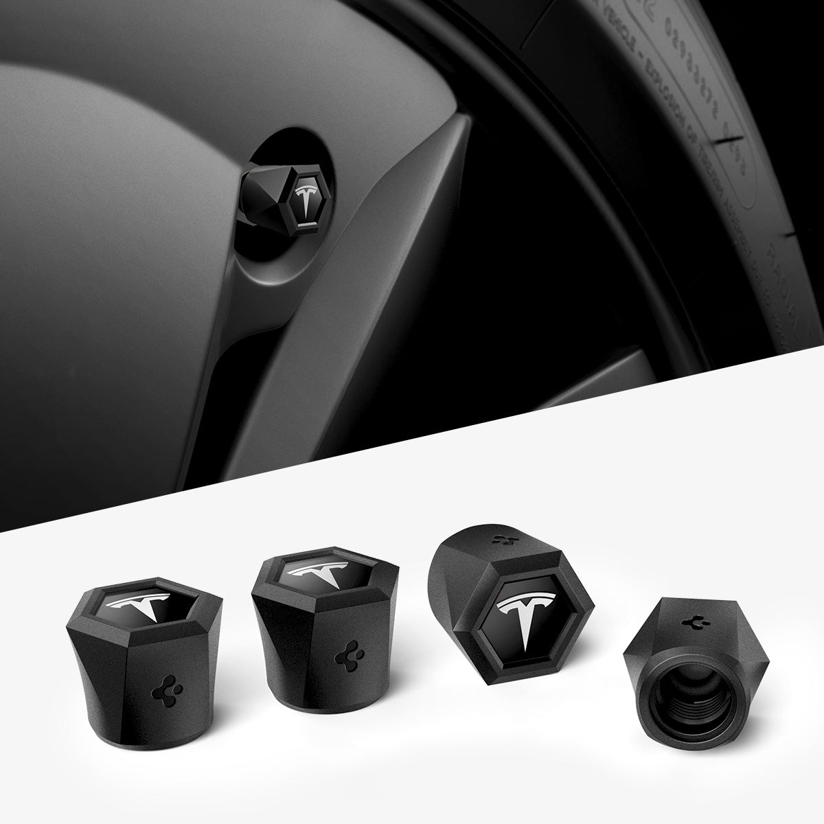 ACP11370 - Universal Tire Valve Stem Cap | VS100TS/R in silver featuring a sleek hexagonal design with Tesla logo, shown installed on a wheel and as a set of four caps.