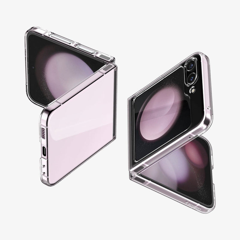 ACS06230 - Galaxy Z Flip 5 Case AirSkin in crystal clear showing the back, front and sides of two devices