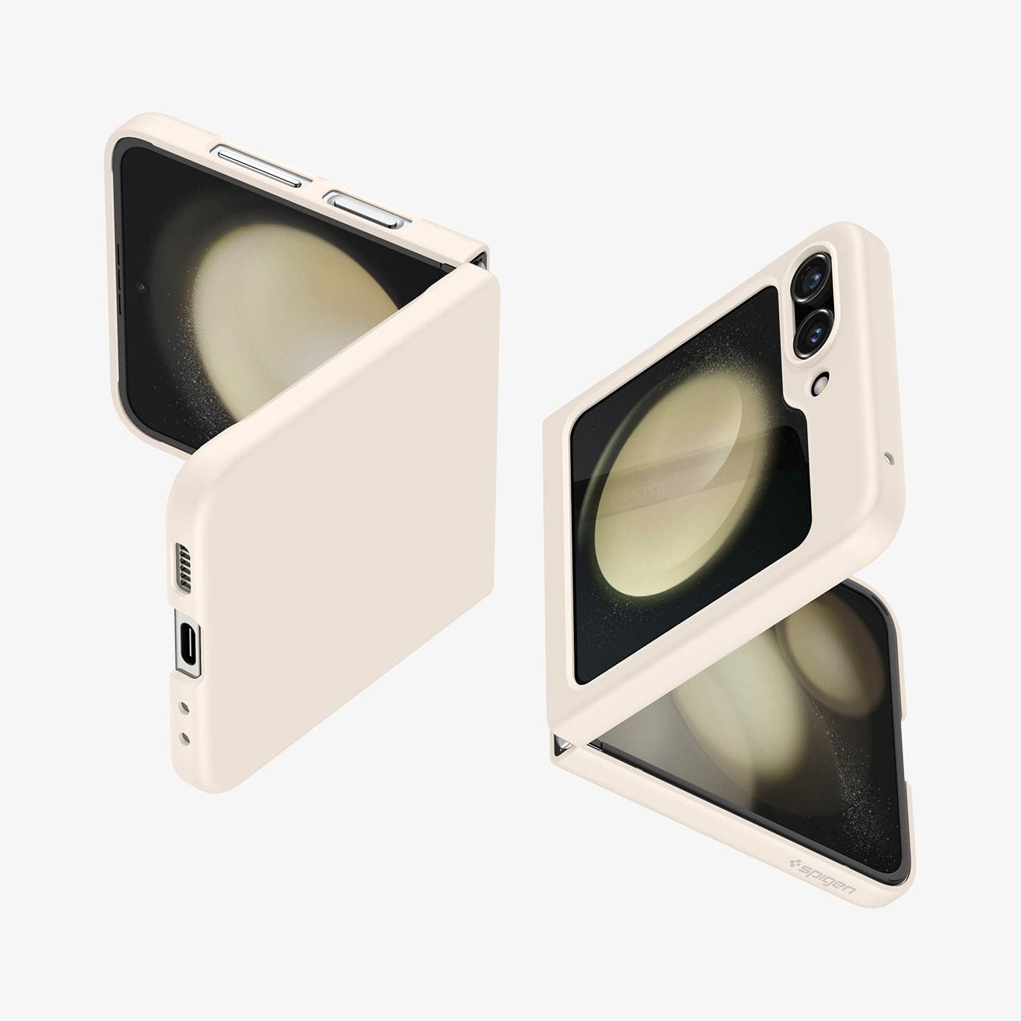 ACS06231 - Galaxy Z Flip 5 Case AirSkin in pearled ivory showing the back, front and sides of two devices