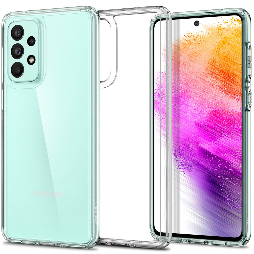 Galaxy A73 5G Case Ultra Hybrid in crystal clear showing the back, inside and front