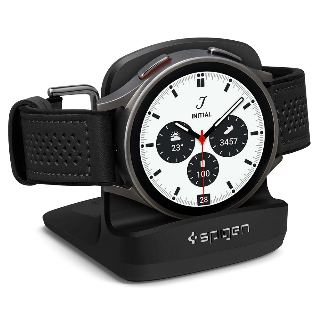 Galaxy Watch Night Stand S353 in black showing the front and partial side with Galaxy Watch on stand