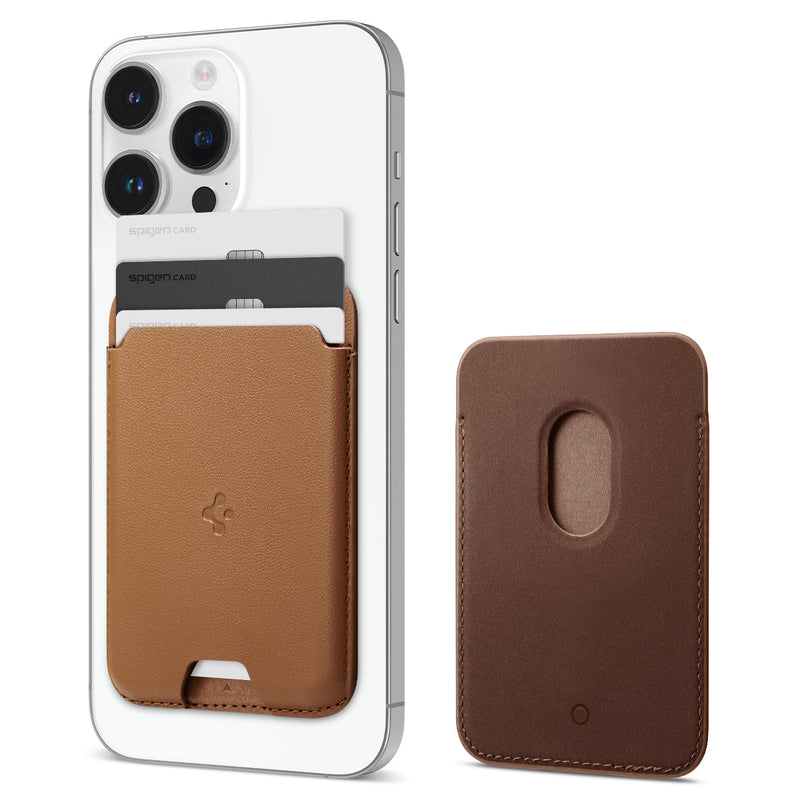 AFA05804 - MagSafe 3 Cards Holder Valentinus (MagFit) in brown showing the front, back and three cards in slot behind device