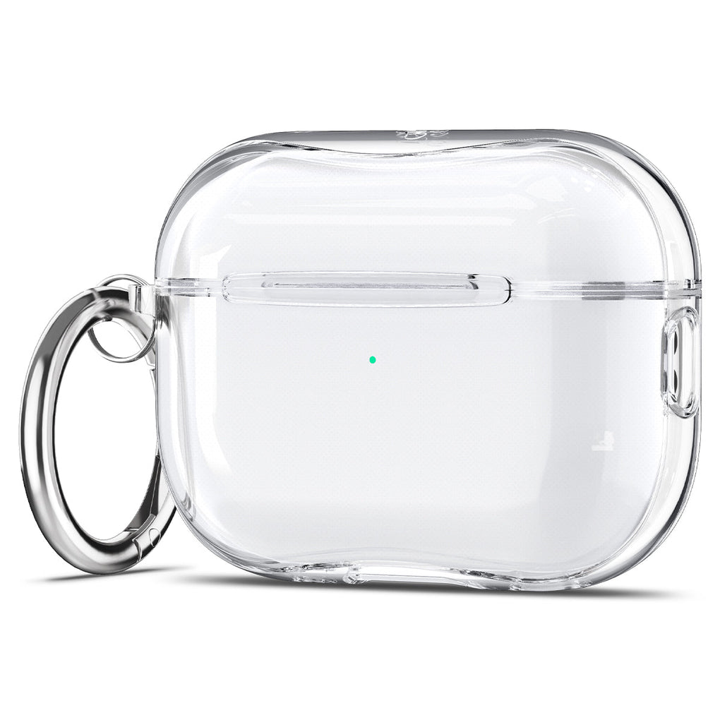 Apple AirPods Pro 2 Case Ultra Hybrid in crystal clear showing the front, partial side and carabiner