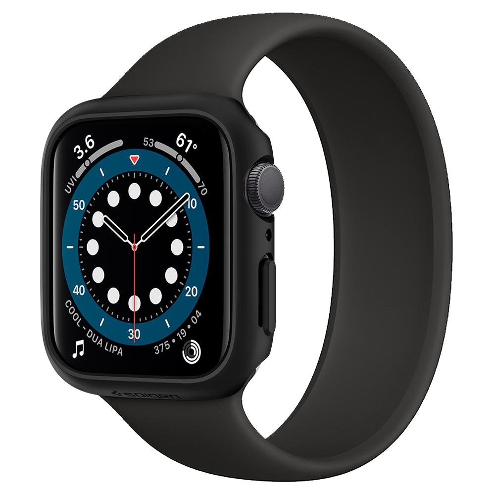 Apple Watch Series SE / 6 / 5 / 4 (44mm) Case Thin Fit in black showing the front and side with black band