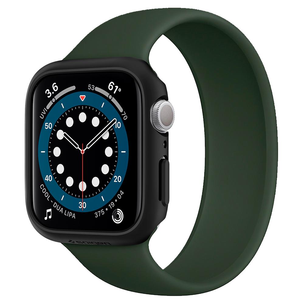 Apple Watch Series SE / 6 / 5 / 4 (44mm) Case Thin Fit in black showing the front and side with green band