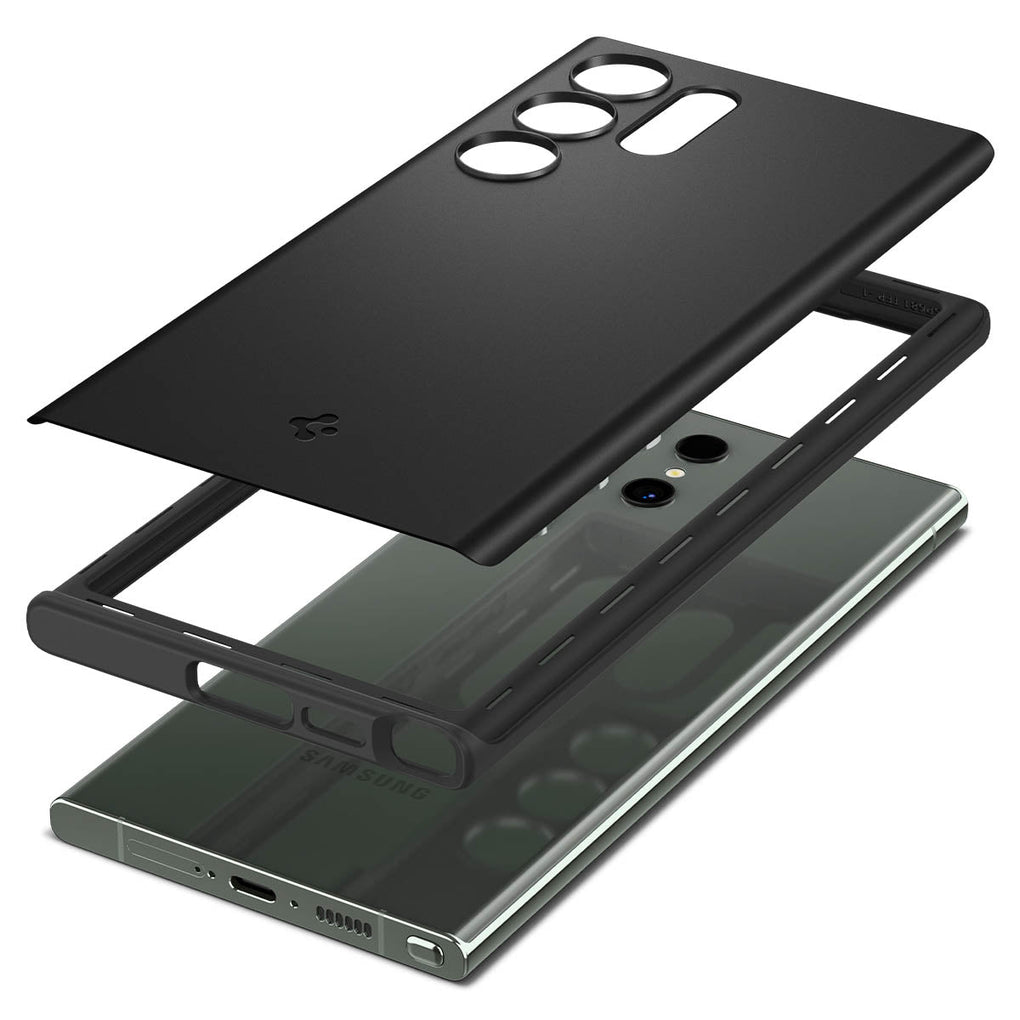 Galaxy S23 Ultra Case Thin Fit in black showing the multiple layers of back of case hovering above device