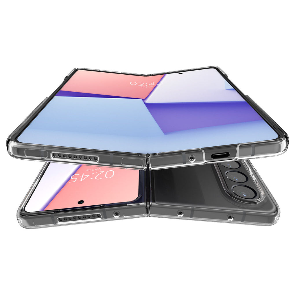 Galaxy Z Fold 4 Case AirSkin in crystal clear showing the front and bottom of one device and a second device hovering below showing the back and front