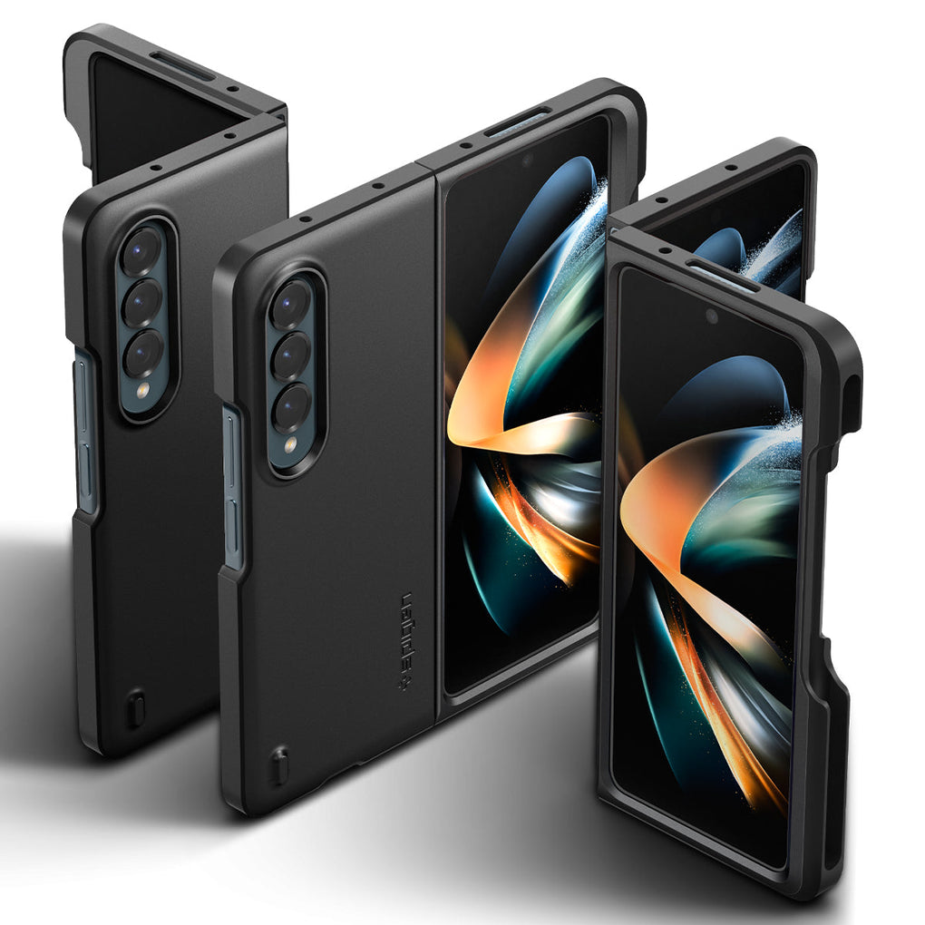 Galaxy Z Fold 4 Case Thin Fit P in black showing the back, front, and top of multiple devices