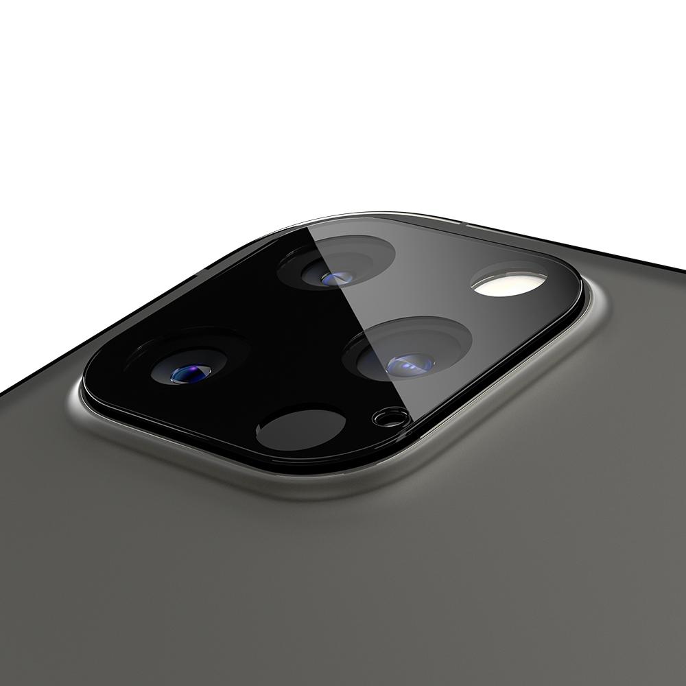 iPhone 12 Pro Max Optik Lens Protector in black showing the lens protector on device camera