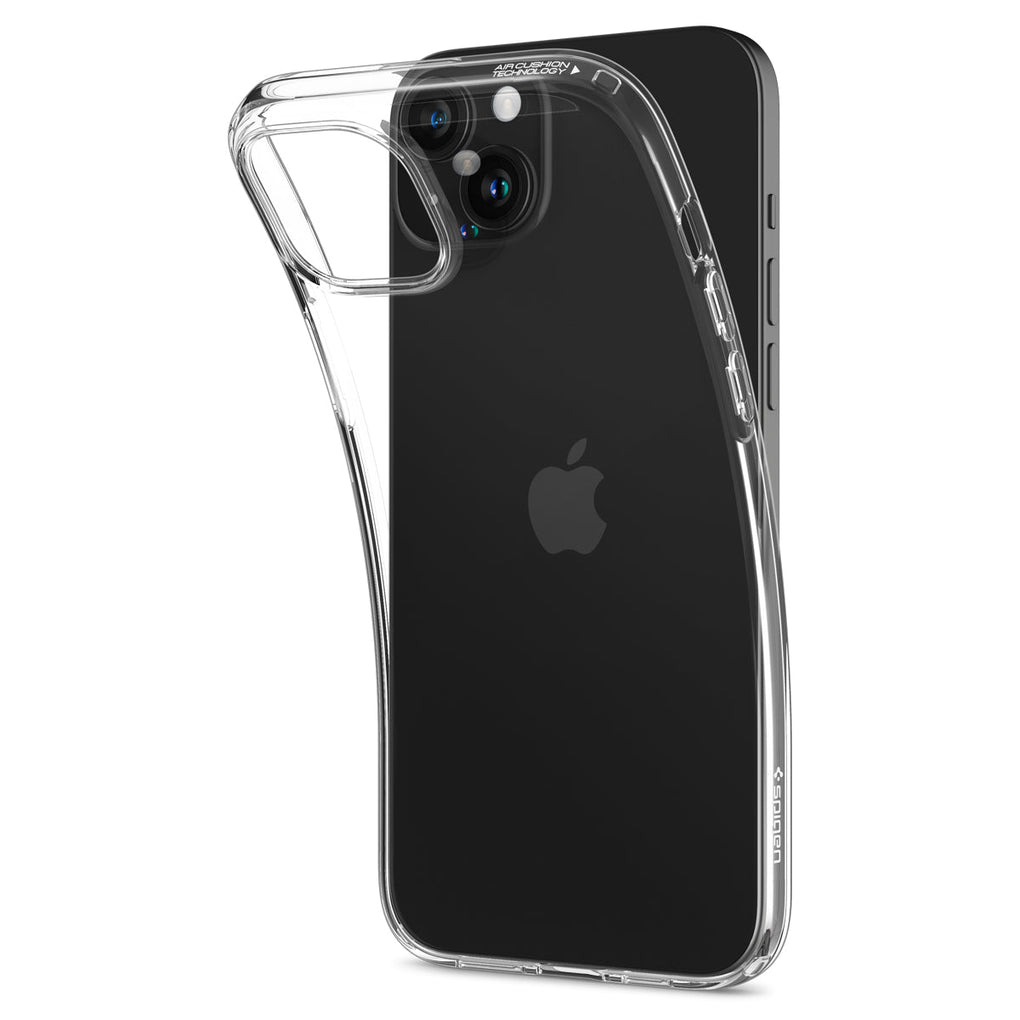 iPhone 15 Case Liquid Crystal in crystal clear showing the back with case bending away from device to show the flexibility