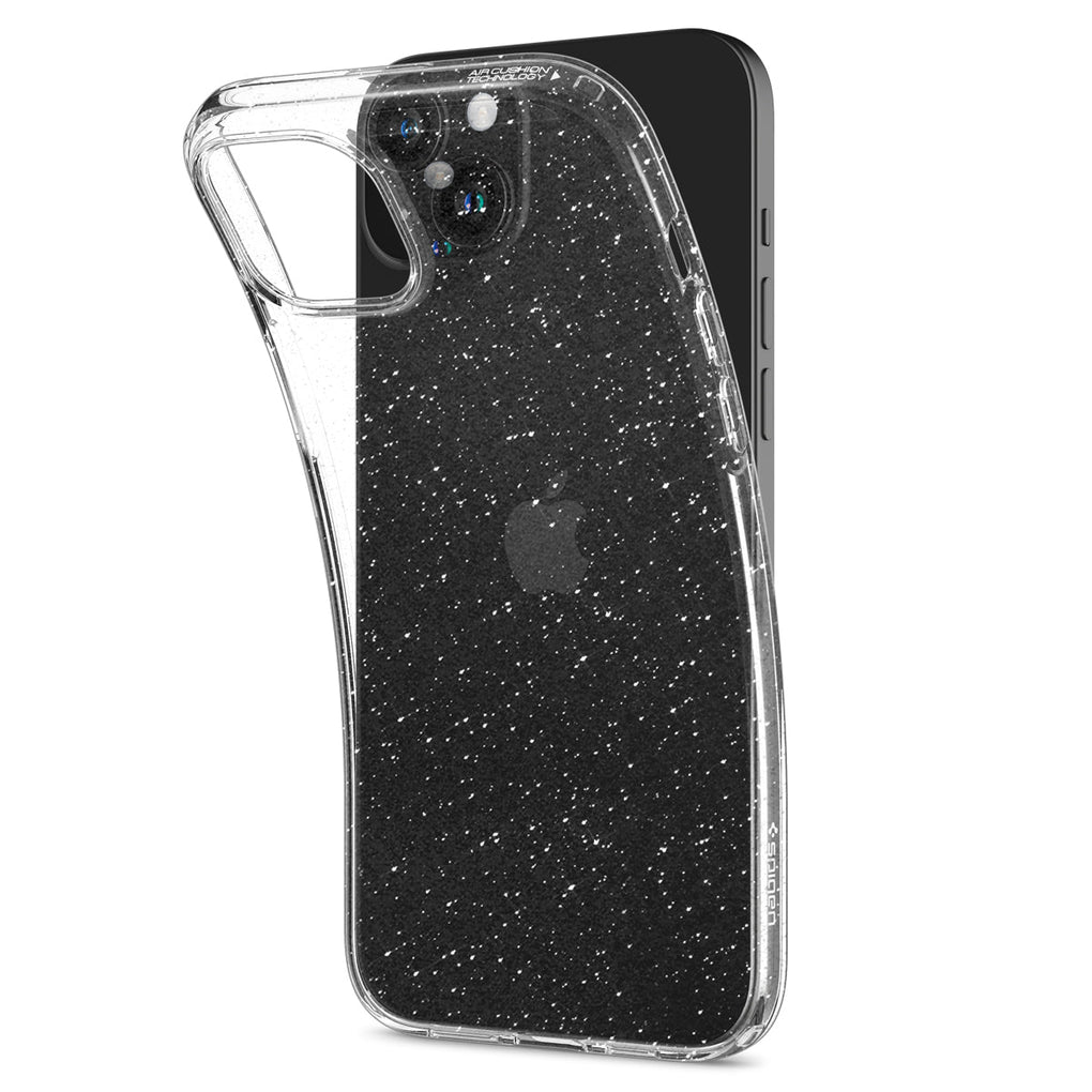 iPhone 15 Plus Case Liquid Crystal Glitter in crystal quartz showing the back with case bending away from device to show the flexibility