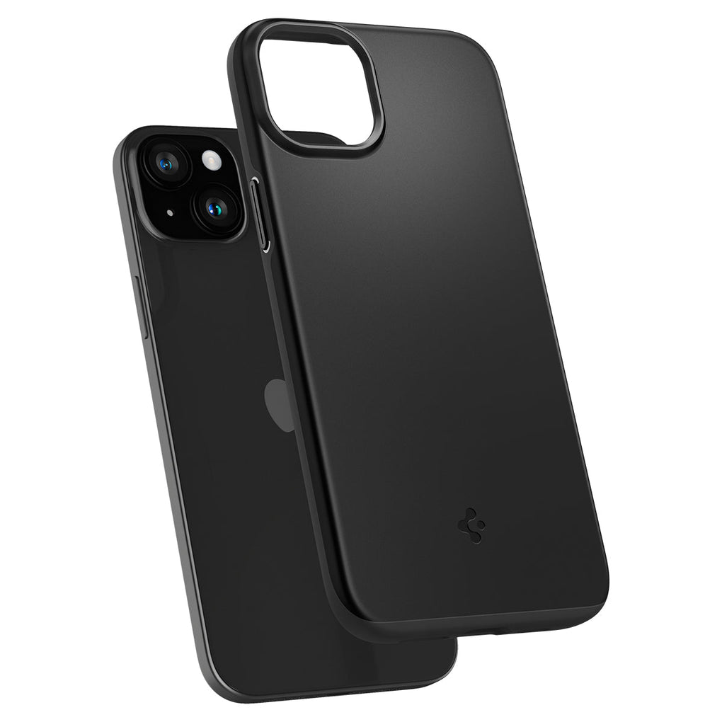 iPhone 15 Case Thin Fit in black showing the back with case hovering away from device