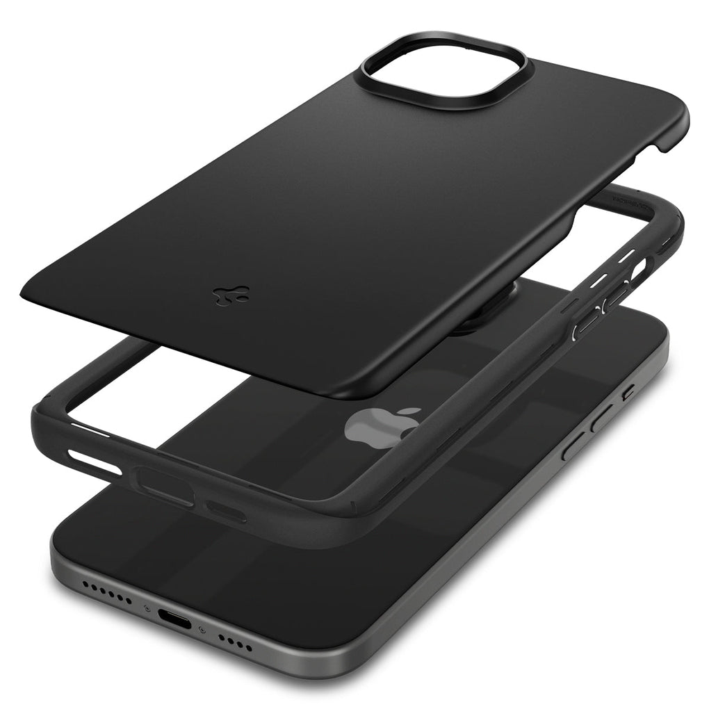 iPhone 15 Case Thin Fit in black showing the multiple layers of case hovering above the device