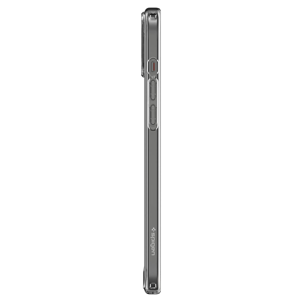 iPhone 15 Case Ultra Hybrid in crystal clear showing the side with volume controls