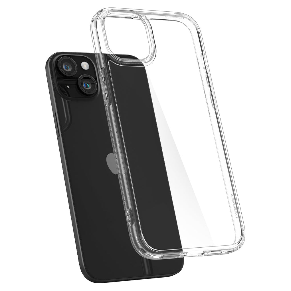 iPhone 15 Case Ultra Hybrid in crystal clear showing the back with case hovering away from device