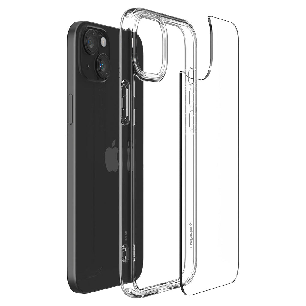 iPhone 15 Case Ultra Hybrid in crystal clear showing the back with multiple layers of case hovering away from device