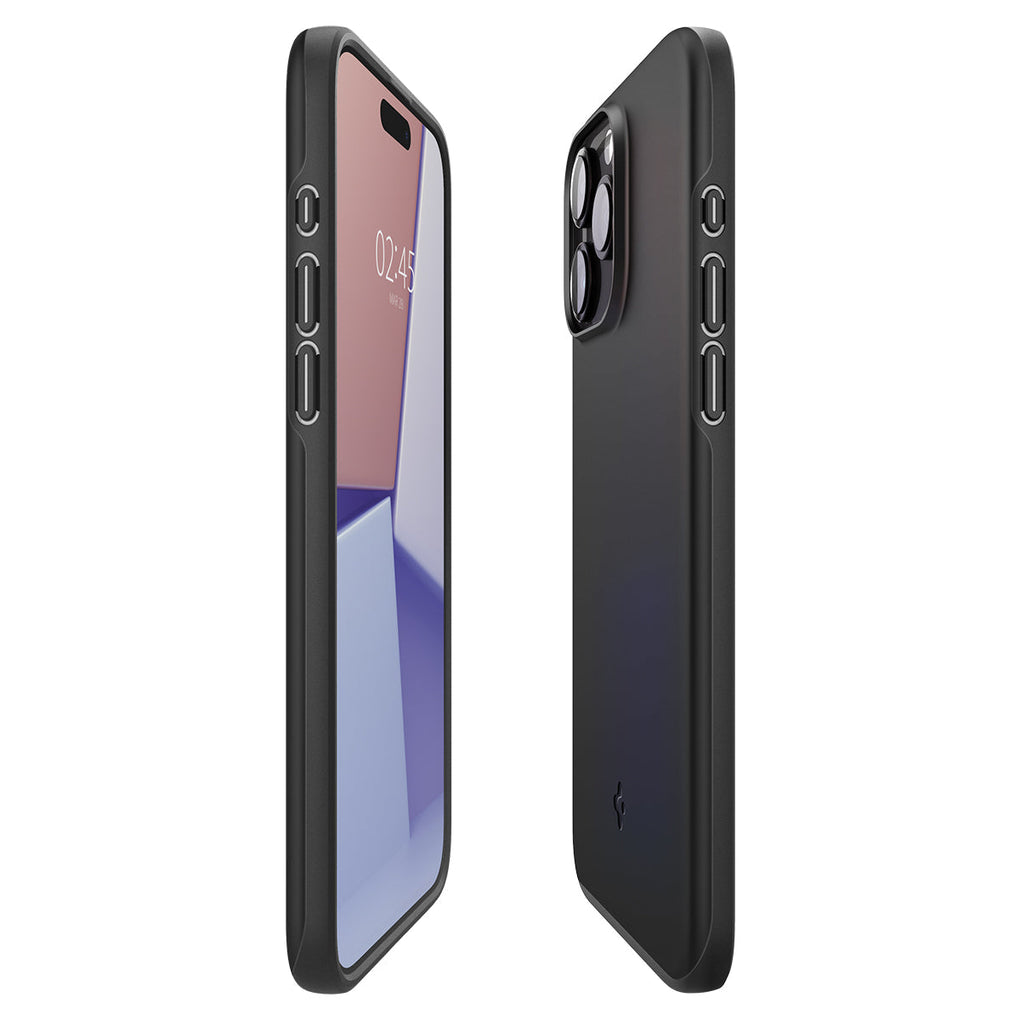 iPhone 15 Pro Case Thin Fit in black showing the sides, partial front and back