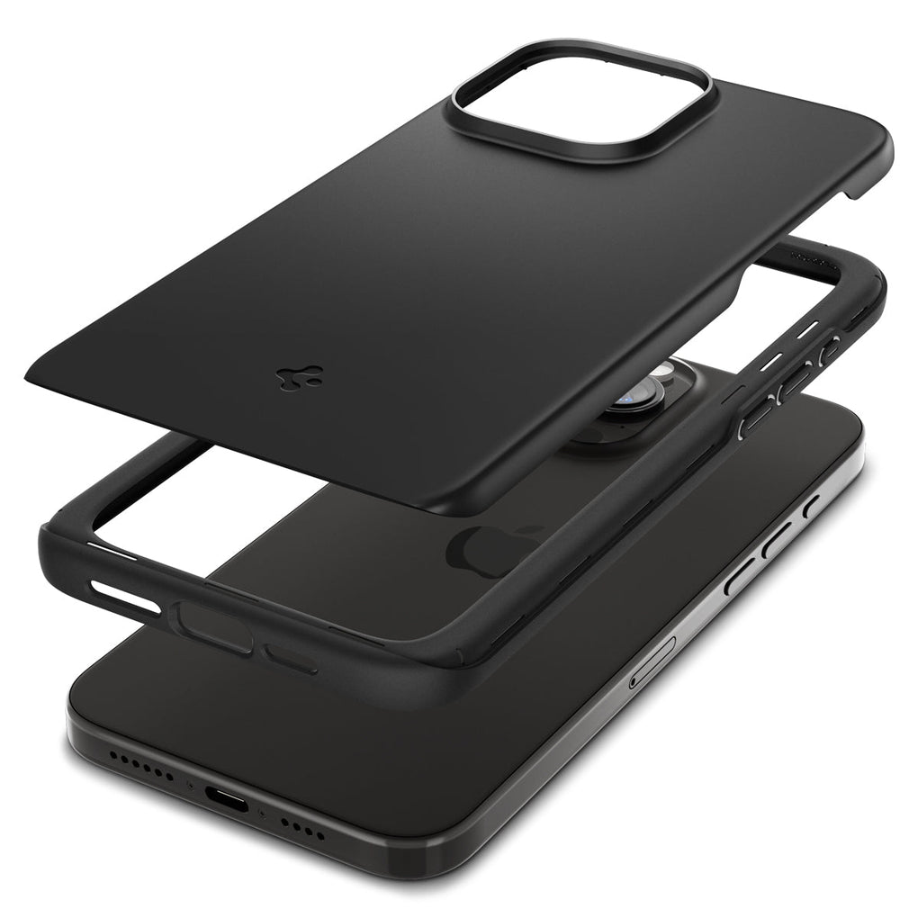 iPhone 15 Pro Case Thin Fit in black showing the multiple layers of case hovering above the device