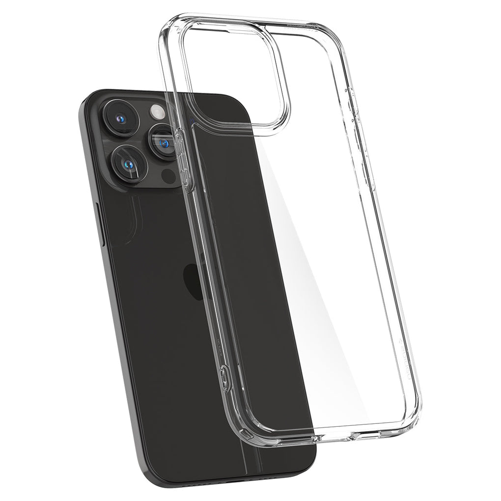 iPhone 15 Pro Case Ultra Hybrid in crystal clear showing the back with case hovering away from device