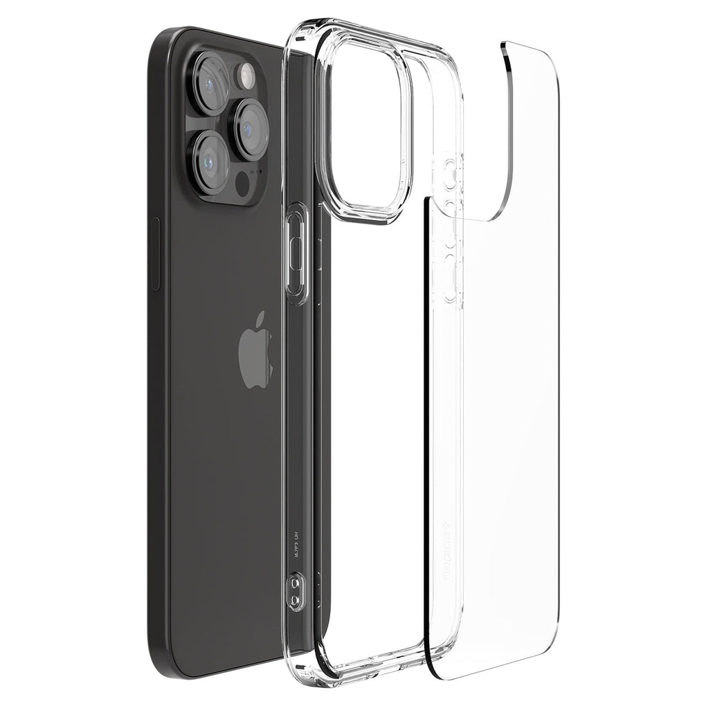iPhone 15 Pro Case Ultra Hybrid in crystal clear showing the back with multiple layers of case hovering away from device